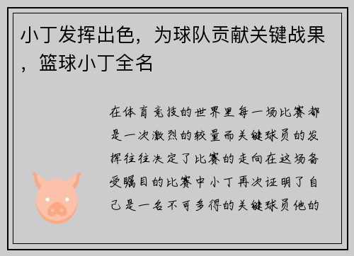 小丁发挥出色，为球队贡献关键战果，篮球小丁全名