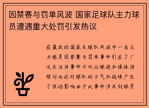 因禁赛与罚单风波 国家足球队主力球员遭遇重大处罚引发热议