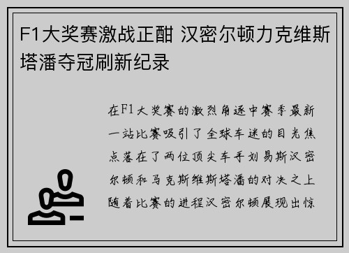F1大奖赛激战正酣 汉密尔顿力克维斯塔潘夺冠刷新纪录