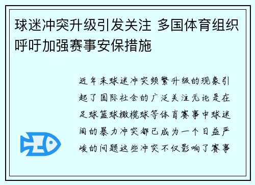 球迷冲突升级引发关注 多国体育组织呼吁加强赛事安保措施