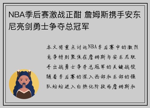 NBA季后赛激战正酣 詹姆斯携手安东尼亮剑勇士争夺总冠军