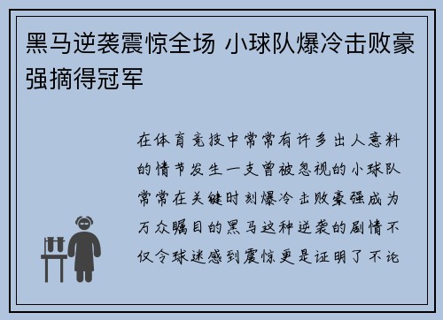 黑马逆袭震惊全场 小球队爆冷击败豪强摘得冠军