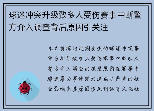 球迷冲突升级致多人受伤赛事中断警方介入调查背后原因引关注