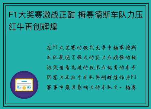 F1大奖赛激战正酣 梅赛德斯车队力压红牛再创辉煌